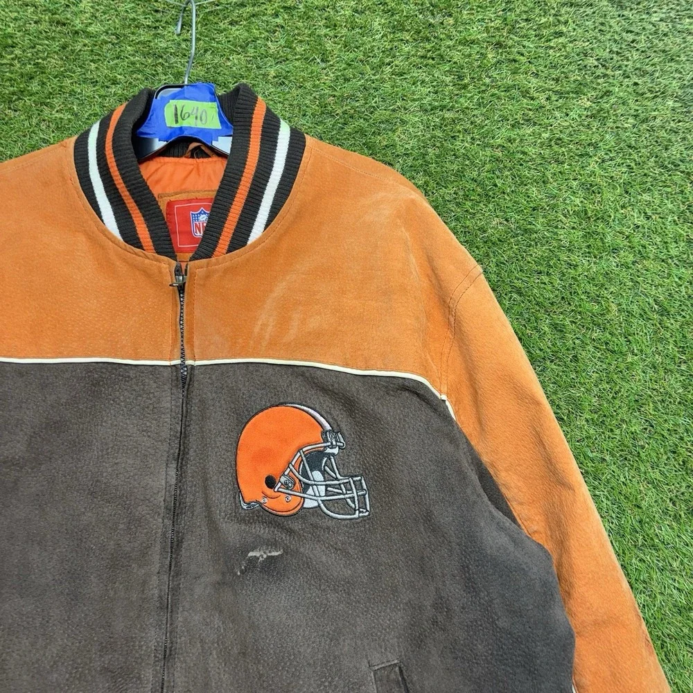 Cleveland Browns Leather Jacket Mens XL Orange Brown Logo NFL Zip Up Embroidered